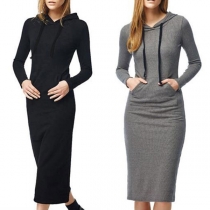 Fashion Solid Color Long Sleeve Hooded Slim Fit Sweatshirt Dress