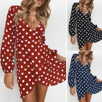 Sexy V-neck Irregular Hem Long Sleeve Dots Printed Dress