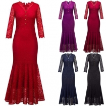 Elegant Solid Color Long Sleeve V-neck Fishtail Hem Lace Party Dress