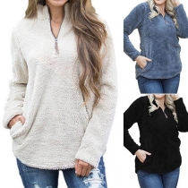 Fashion Solid Color Stand Collar Front-pocket Plush Sweatshirt