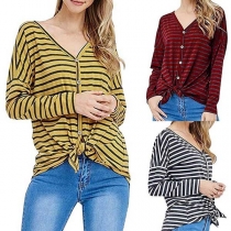 Fashion Long Sleeve V-neck Single-breasted Striped Shirt