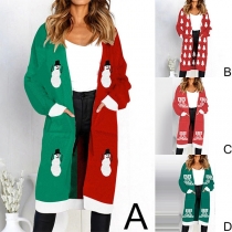 Fashion Printed Long Sleeve Front-pocket Knit Cardigan 