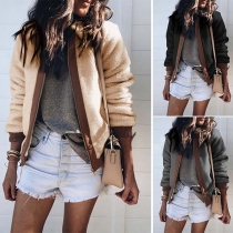Fashion Contrast Color Long Sleeve POLO Collar Plush Coat 
