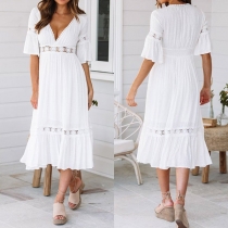 Sexy Deep V-neck Half Sleeve High Waist Lace Spliced Dress