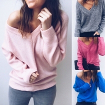 Fashion Solid Color Long Sleeve V-neck Knit Top 