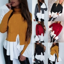 Fashion Long Sleeve High Neck Irregular Hem Spliced Top 