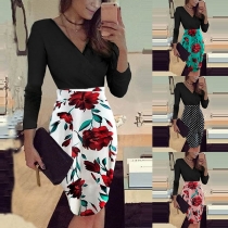 OL Style Long Sleeve V-neck Printed Spliced Slim Fit Dress