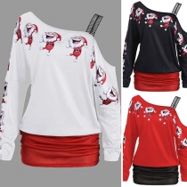 Sexy Oblique Shoulder Long Sleeve Santa Claus Printed Dress