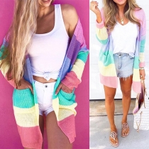 Mode långärmad stickad cardigan med regnbågsrandig design