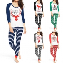 Fashion Contrast Color Long Sleeve T-shirt + Striped Pants Home Wear Two-piece Set 