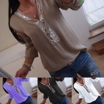 Fashion Long Sleeve V-neck Sequin Spliced T-shirt 