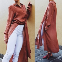 Chic Style Long Sleeve Slit Hem Long-style Shirt 