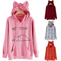 Cute Cat Printed Long Sleeve Casual Hoodie 