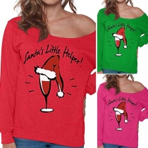 Fashion Christmas Hat Printed Long Sleeve Round Neck Sweatshirt
