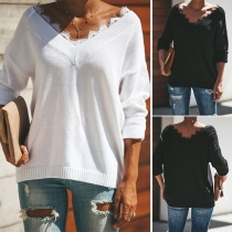 Sexy Lace Spliced Long Sleeve V-neck Solid Color Sweater