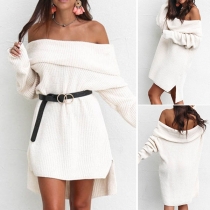 Sexy Off-shoulder Boat Neck Long Sleeve High-low Hem Sweater Dress