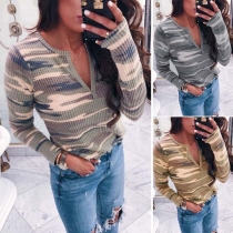 Fashion Long Sleeve V-neck Camouflage Print T-shirt 