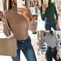Fashion Solid Color Long Sleeve Turtleneck Knit Bodysuit 