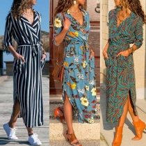 Sexy Deep V-neck Slit Hem Long Sleeve Printed Dress