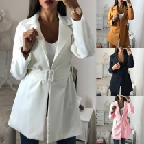 OL Style Long Sleeve Solid Color Blazer with Waistband