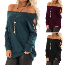 Sexy Off-shoulder Boat Neck Hollow Out Long Sleeve T-shirt