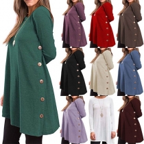 Fashion Long Sleeve Round Neck Side-button Irregular Hem T-shirt 