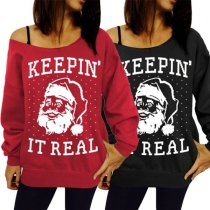Fashion Oblique Neck Long Sleeve Creative Christmas Print Hoodie