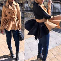 Fashion Solid Color Lapel Collar Double-breasted Pleated Hemline Coat