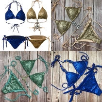 Sexig rygglös bikini-set med rhinestone och paljettdetaljer