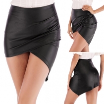 Fashion Solid Color High Waist Irregular Hem PU Leather Skirt