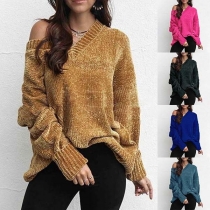 Fashion Solid Color Long Sleeve V-neck Loose Sweater