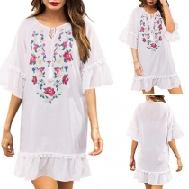 Fashion Trumpet Sleeve V-neck Ruffle Hem Printed Dress