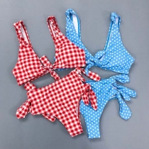 Sexy Hollow Out High Waist Dots/Plaid Printed Bikini Set 