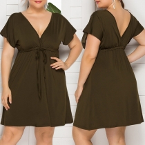 Sexy V-neck Short Sleeve Solid Color Oversized Dress