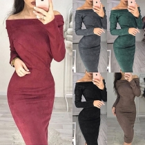 Sexy Off-shoulder Boat Neck Long Sleeve Slim Fit Dress