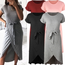 Sexy Irregular Hem Short Sleeve Round Neck Solid Color Dress