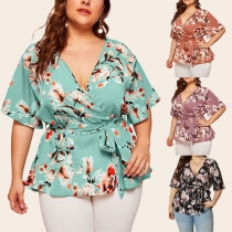 Fashion Short Sleeve V-neck Printed Oversized Plus-size Printed Top