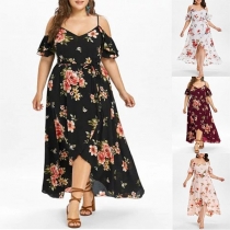 Sexy Off-shoulder V-neck Slit Hem Oversized Plus-size Sling Printed Dress