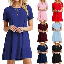 Fashion Solid Color Short Sleeve Round Neck Loose Dress