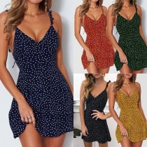 Sexy Backless V-neck Ruffle Hem Dots Printed Sling Dress