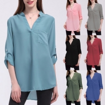 Fashion Solid Color Long Sleeve V-neck Chiffon Blouse