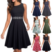 Fashion Sleeveless Round Neck Lace Spliced High Waist Dress