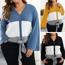 Fashion Contrast Color Trumpet Sleeve Oversized Plus-size Knit Cardigan 