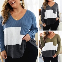 Fashion Contrast Color Long Sleeve V-neck Oversized Plus-size Knit Top 