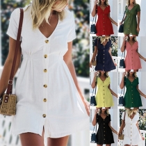 Fashion Short Sleeve V-neck Single-breasted Dress