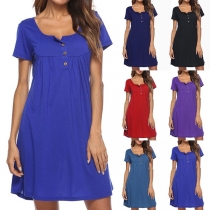 Fashion Solid Color Short Sleeve Round Neck Dress