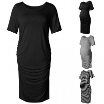 Fashion Solid Color Short Sleeve Round Neck Maternity Dress