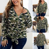 Fashion Long Sleeve V-neck Camouflage Printed Plus-size Cardigan 