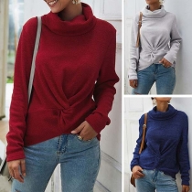 Fashion Solid Color Turtleneck Twisted Hem Top 