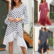 Sexy V-neck Trumpet Sleeve High-low Hem Dots Printed Dress